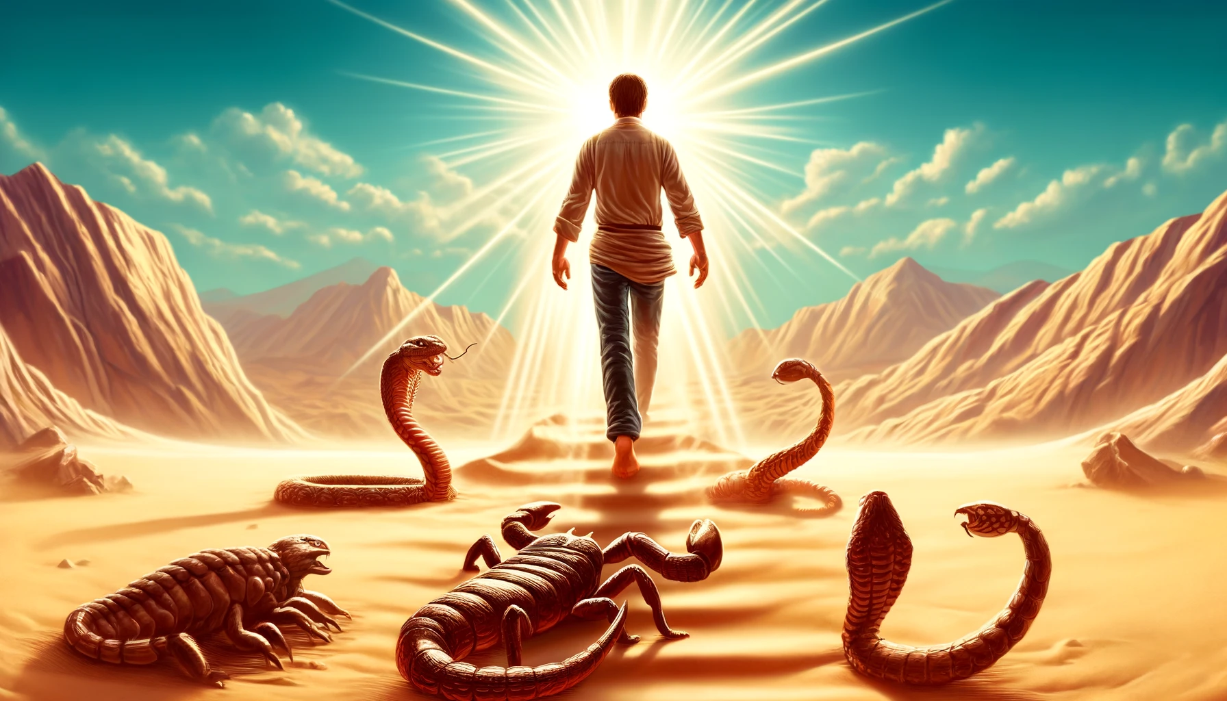 A powerful scene depicting a person confidently walking through a desert landscape.