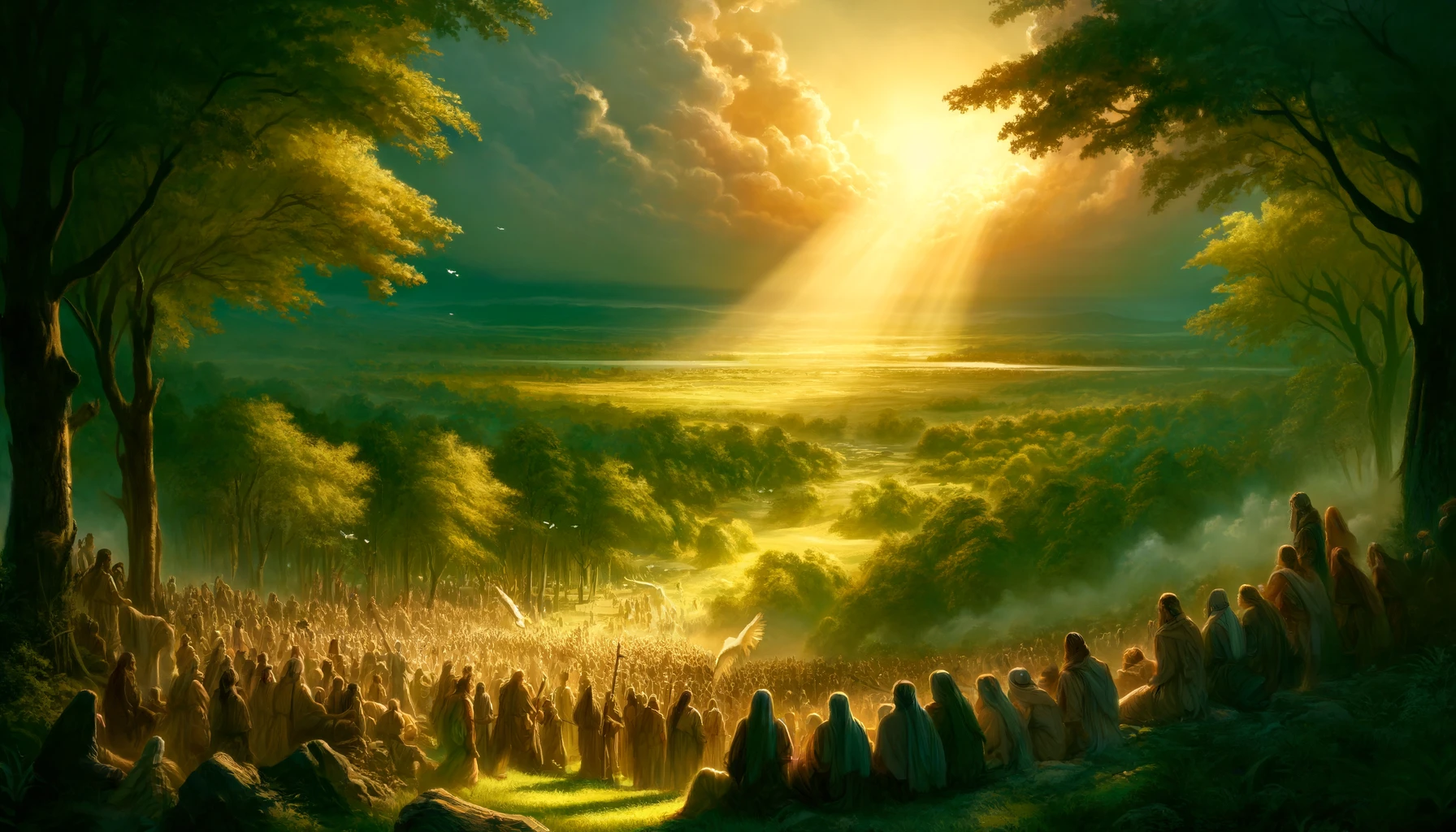 A serene and peaceful scene depicting a lush green landscape.