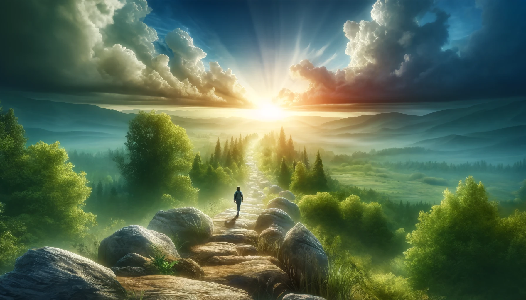 A serene landscape where a person is walking on a challenging rocky path.