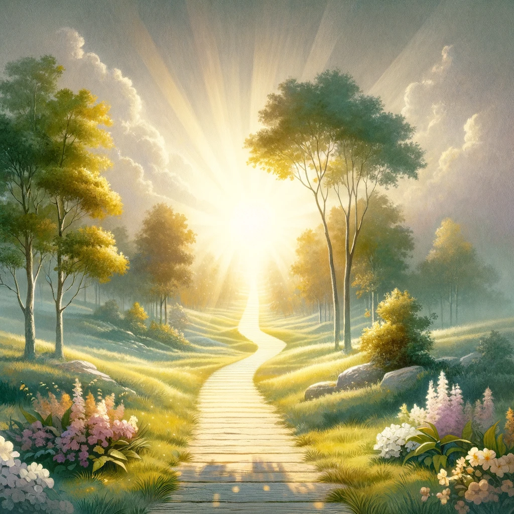A serene landscape with a path leading towards the light.