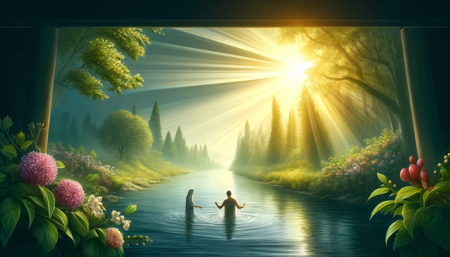 A serene river scene at sunrise.