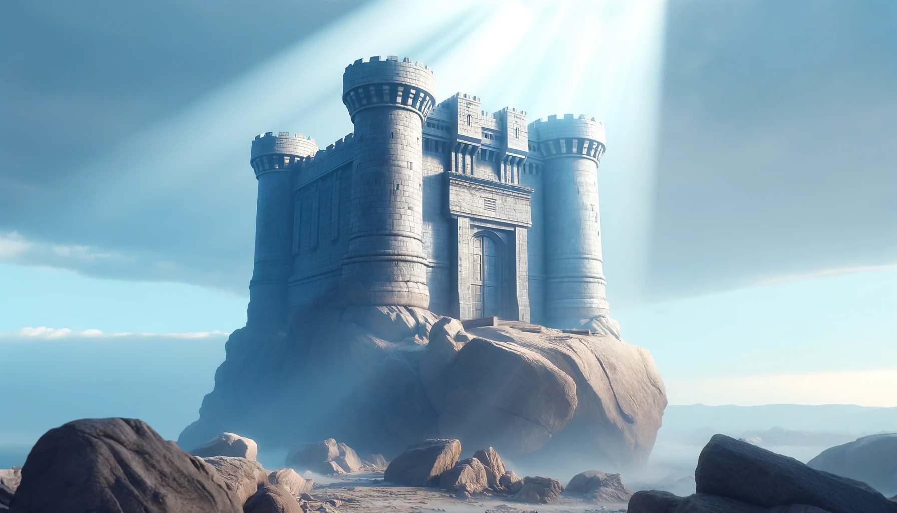 A strong and majestic fortress built on a solid rock foundation, with a clear blue sky above.