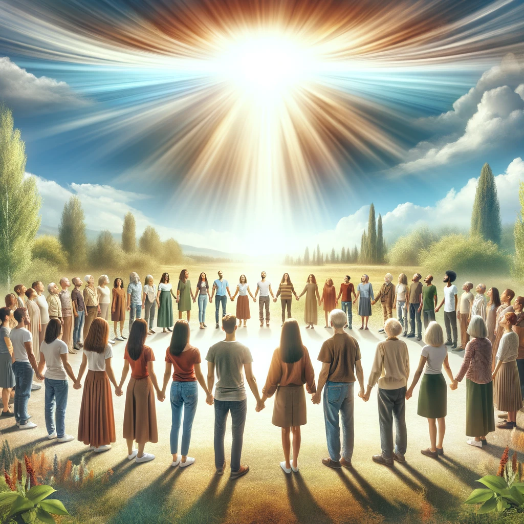 a diverse group of people standing in a circle, holding hands and looking upwards.