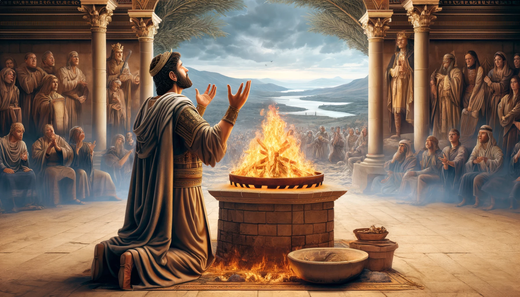 An ancient altar with a fire burning on it.