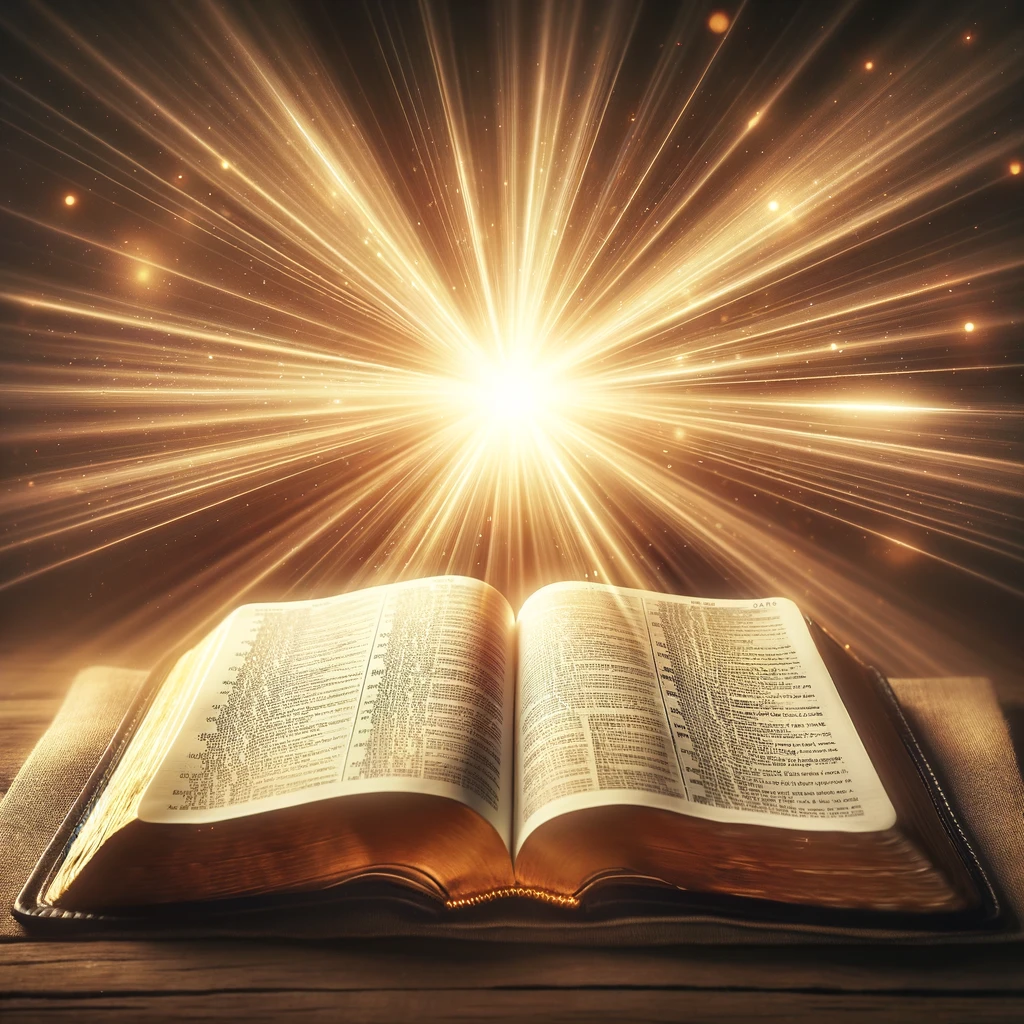 An open Bible with light rays emanating from it.