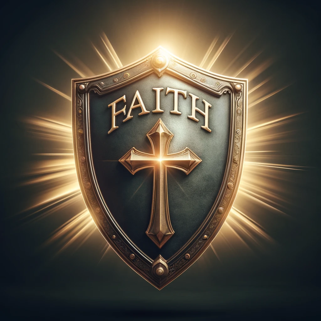 Depiction of a shield with the word 'Faith.'