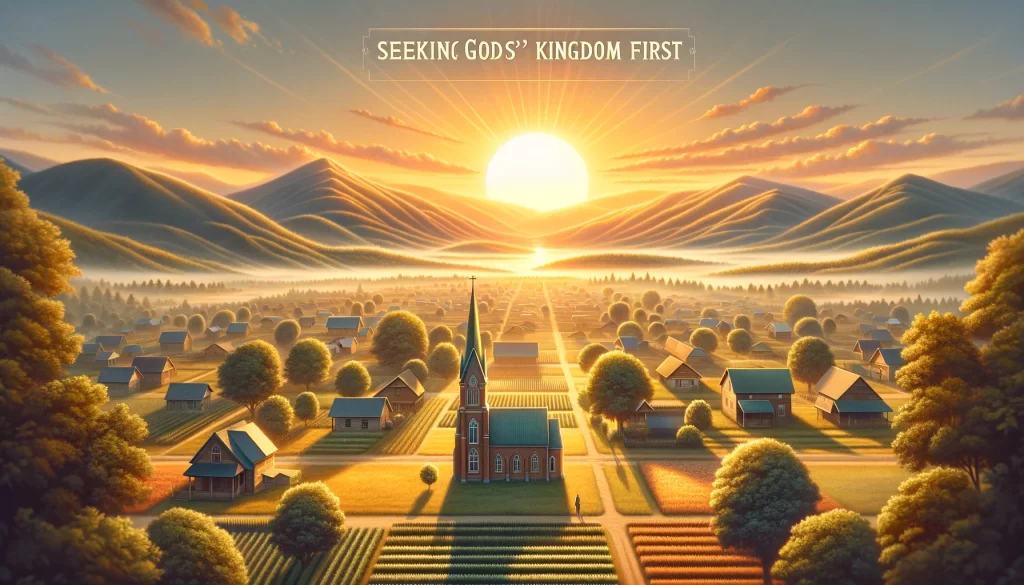 A beautiful sunrise over a peaceful village.