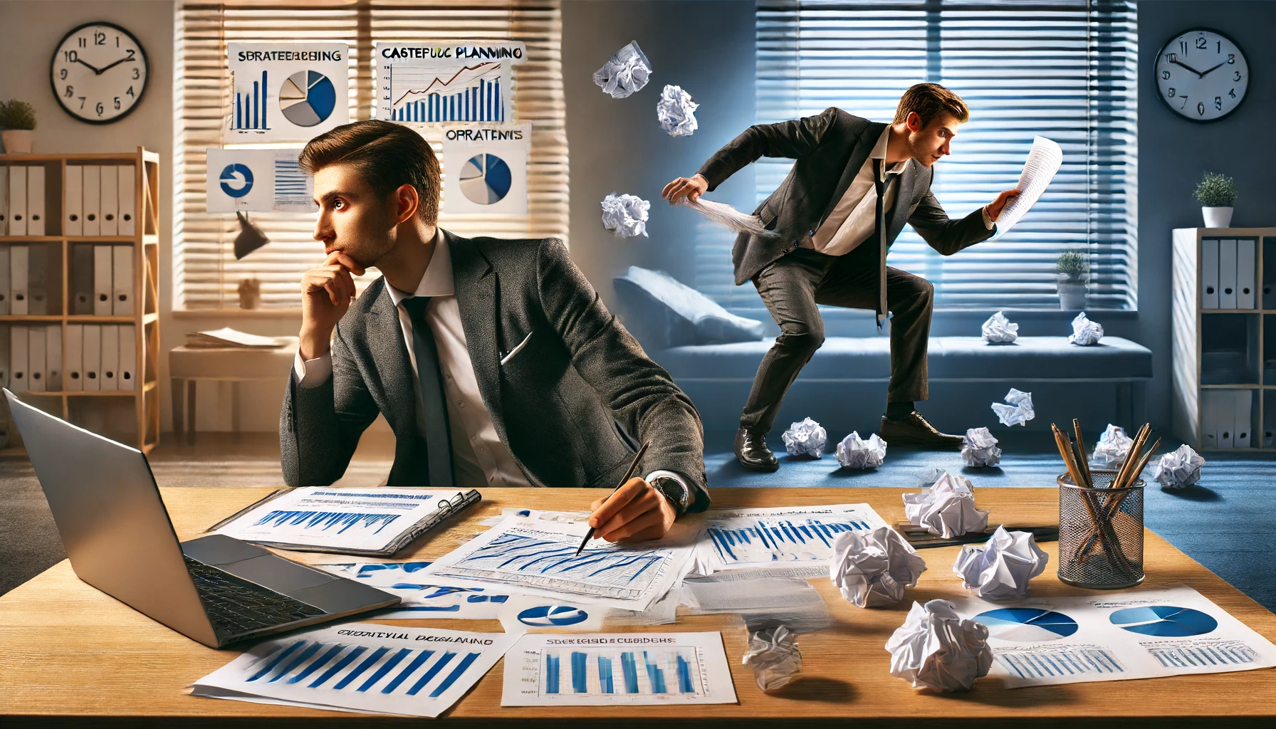 A business owner in an office setting, carefully planning and reviewing strategic documents with another slacking off.