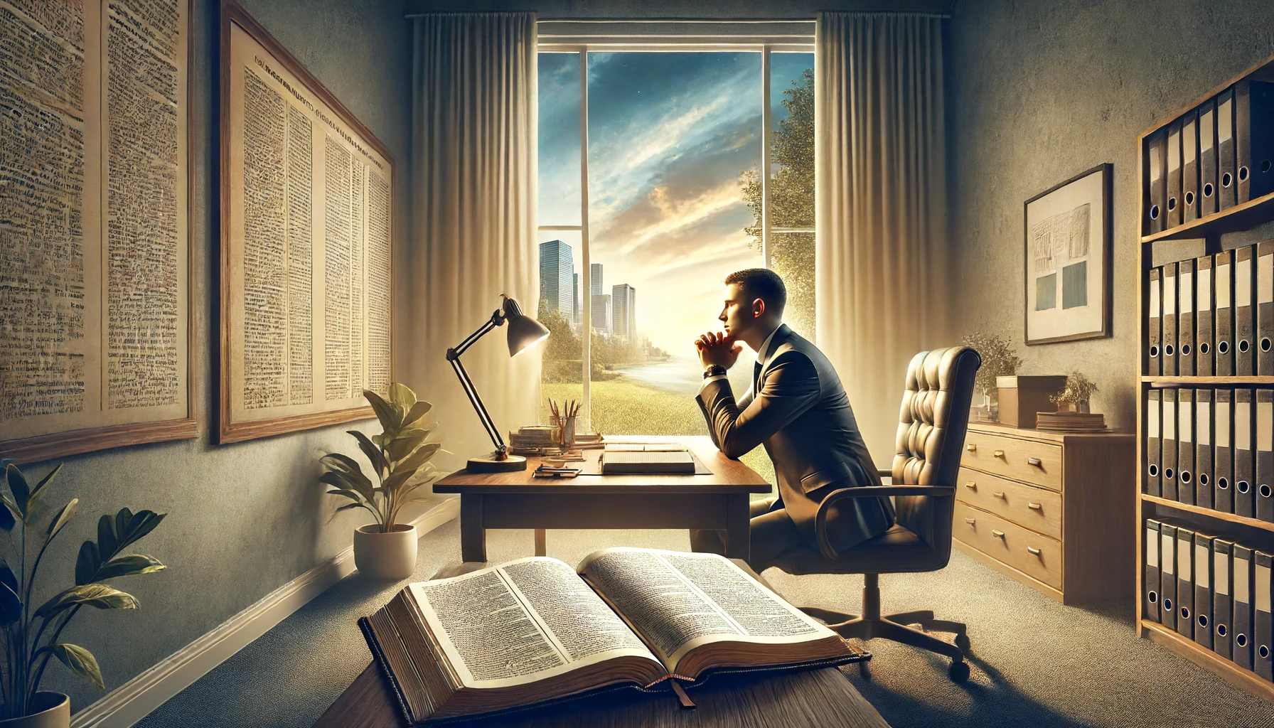 A business owner in deep prayer, seeking guidance from God.