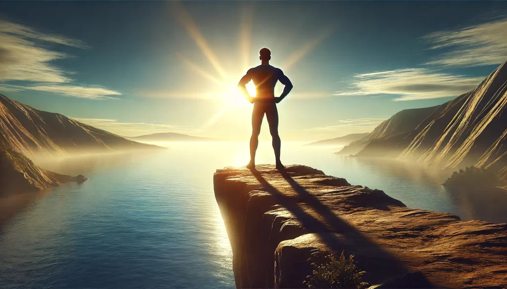 A confident person standing on a cliff edge overlooking a vast ocean.