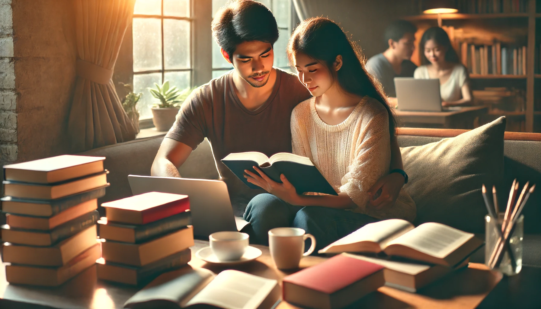 A couple sitting together at a table filled with books and a laptop, studying and sharing insights.