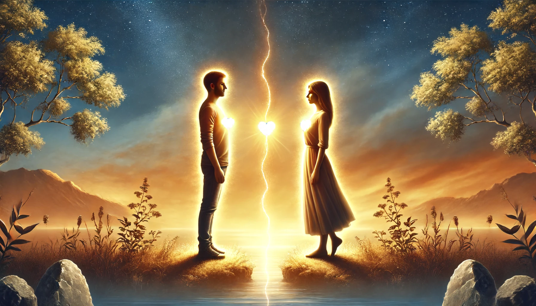 A couple standing apart but with a warm, glowing connection between them, symbolizing their spiritual unity.