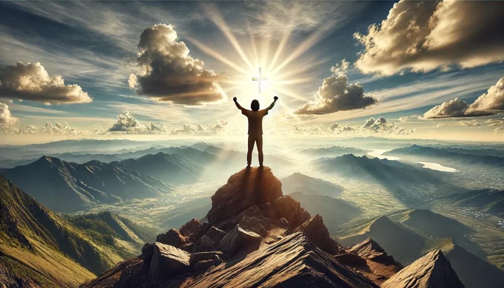 A determined person standing at the summit of a mountain with a vast landscape below.