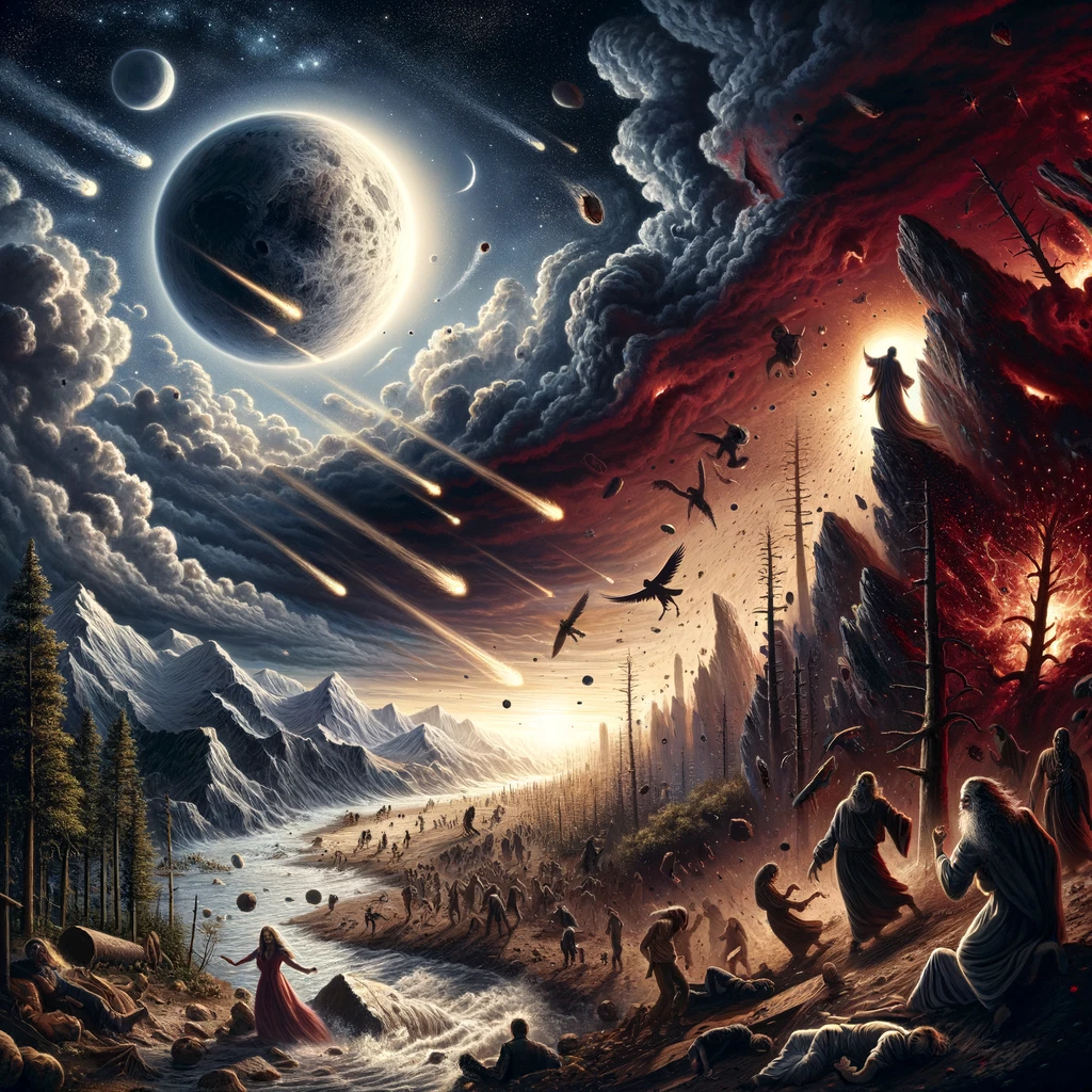 A dramatic portrayal of natural disasters with darkened skies, falling stars, and people in anguish.