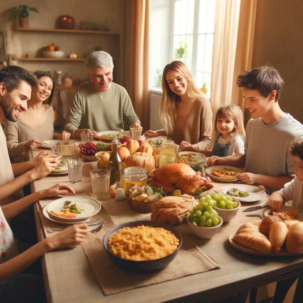 A family sitting around a dinner table, sharing a meal they have worked hard to prepare.