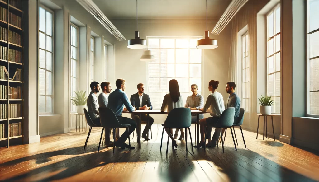 A group of diverse people having a discussion around a table in a well-lit room.