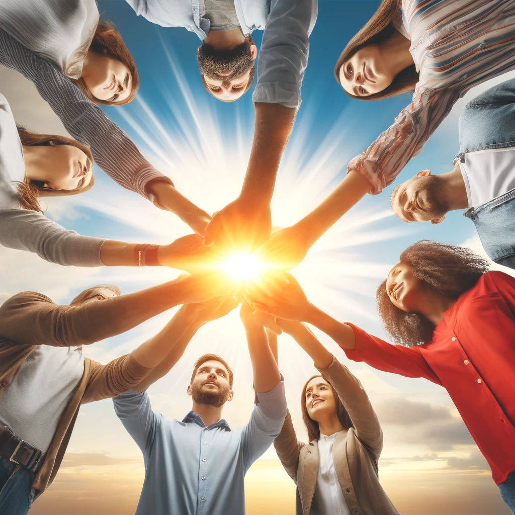 A group of diverse people holding hands in a circle.