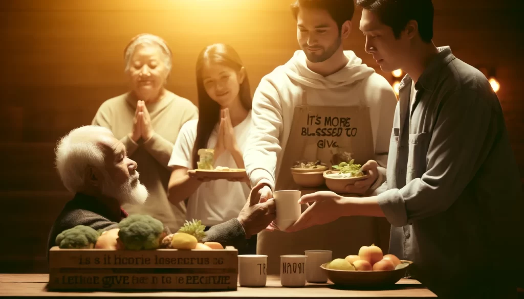 A group of people helping each other, with one person giving food to a needy individual.