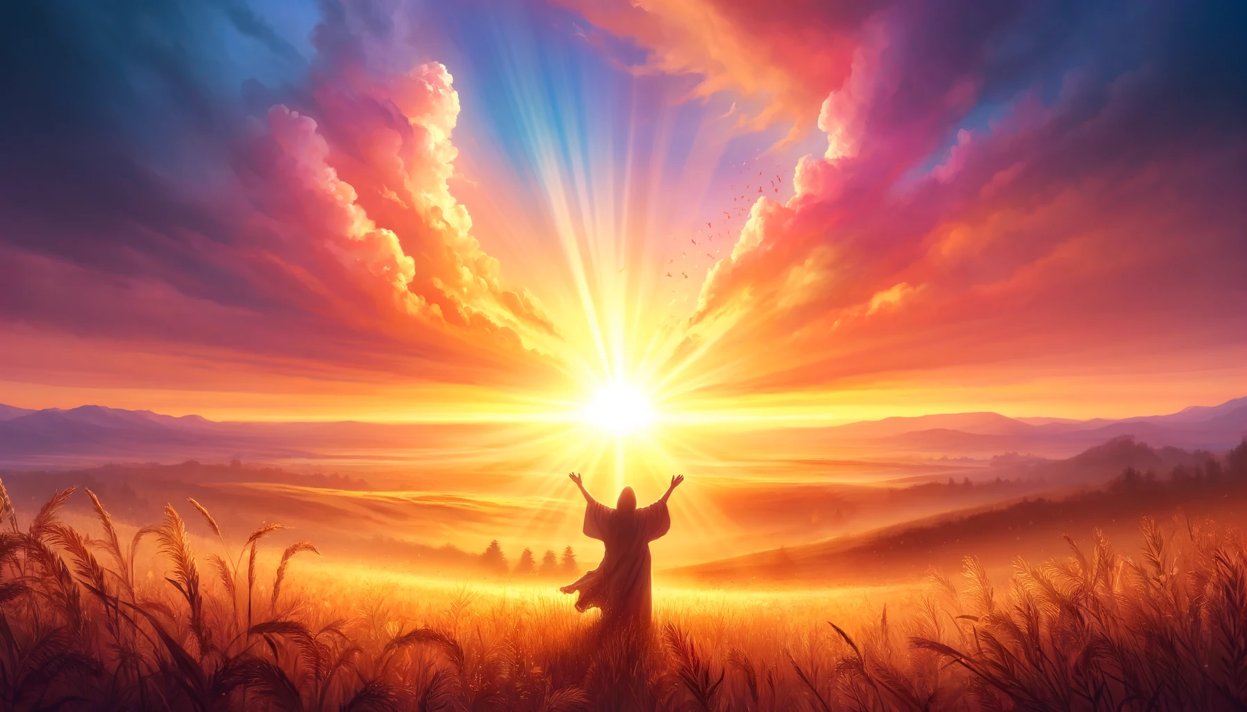 A joyful sunrise scene symbolizing a new day, with the sky painted in vibrant hues of orange, pink, and gold.