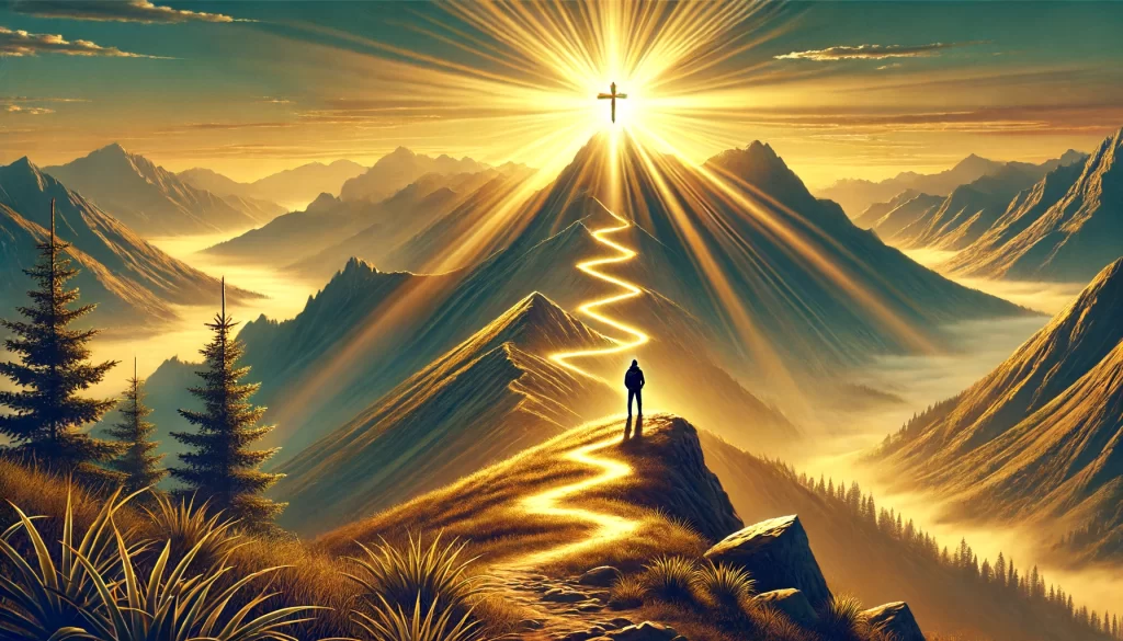 A majestic mountain landscape at sunrise.