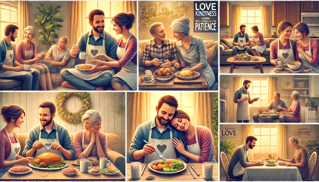 A married couple showing acts of kindness and patience in their home.