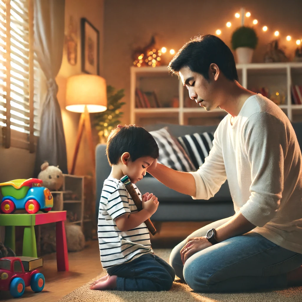 A parent gently disciplining a child in a loving manner in a cozy home setting.