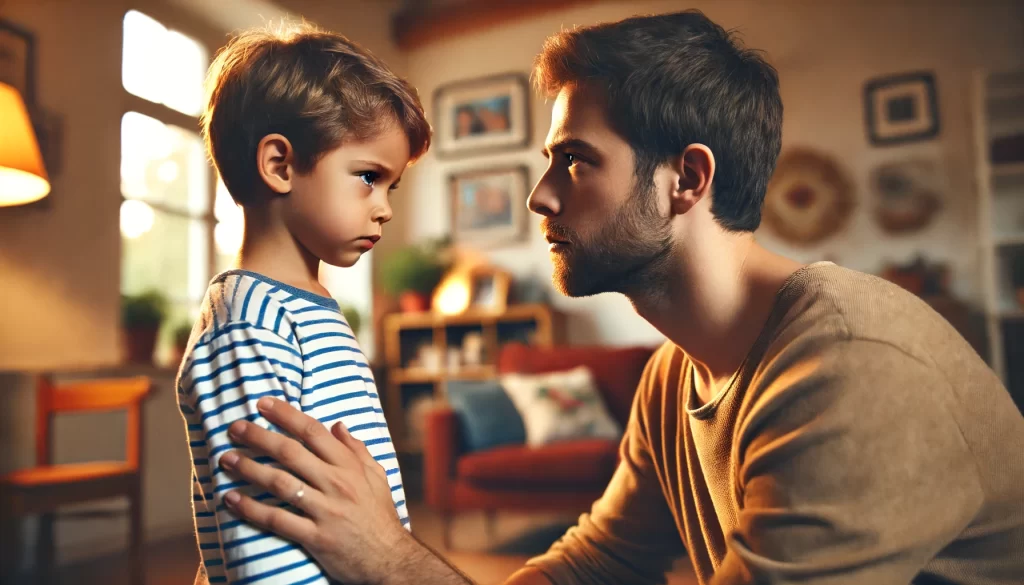 A parent gently disciplining a young child with a stern but loving expression, set in a cozy home environment.