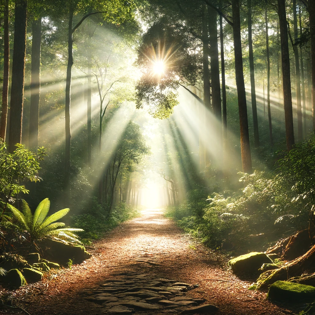 A path leading through a forest, with light breaking through the trees.