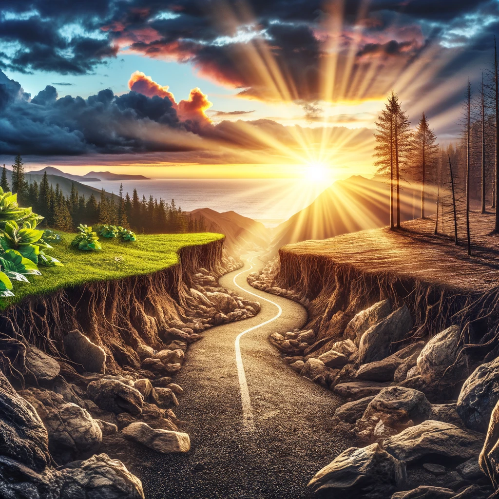 A path through a wilderness transforming into a clear road with a bright horizon.