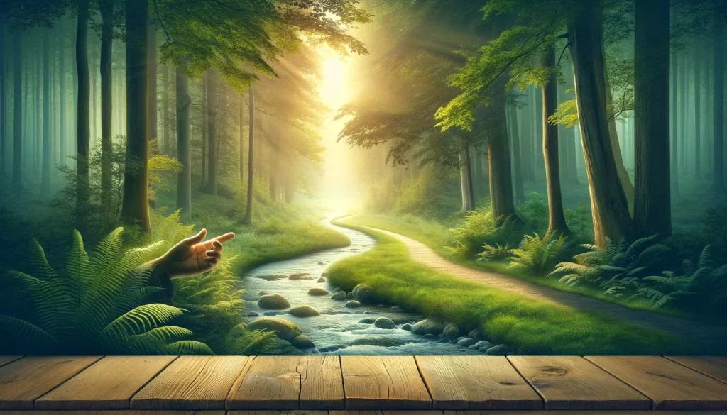 A peaceful pathway through a lush forest with a gentle stream beside it.