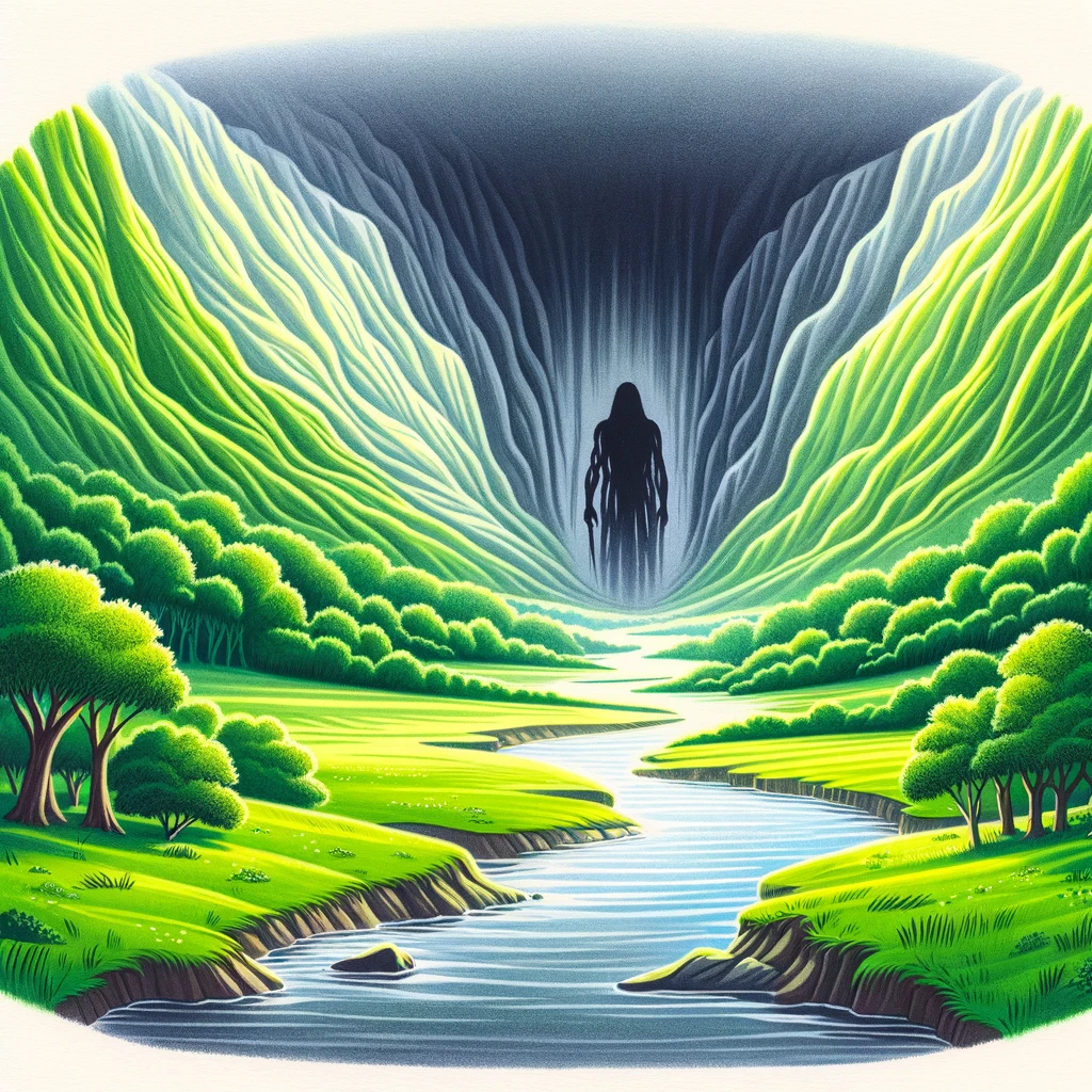A peaceful valley with a shadowy figure approaching.