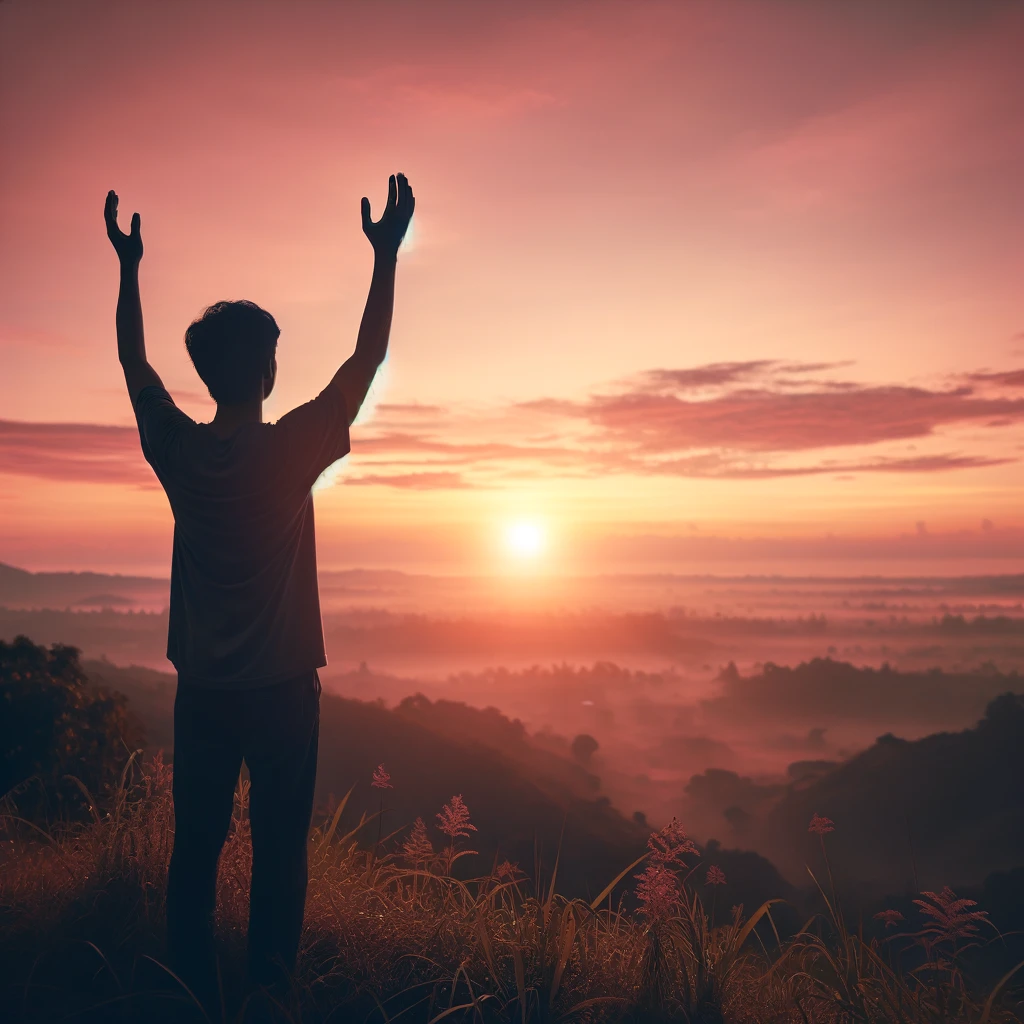 A person praying at dawn, facing the rising sun with hands lifted in worship.