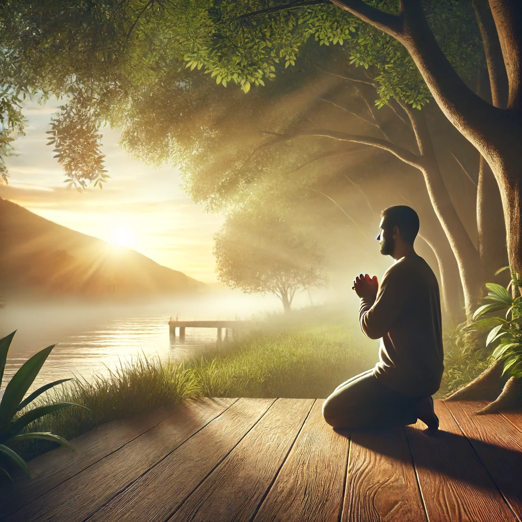 A person praying earnestly in a quiet, serene setting.