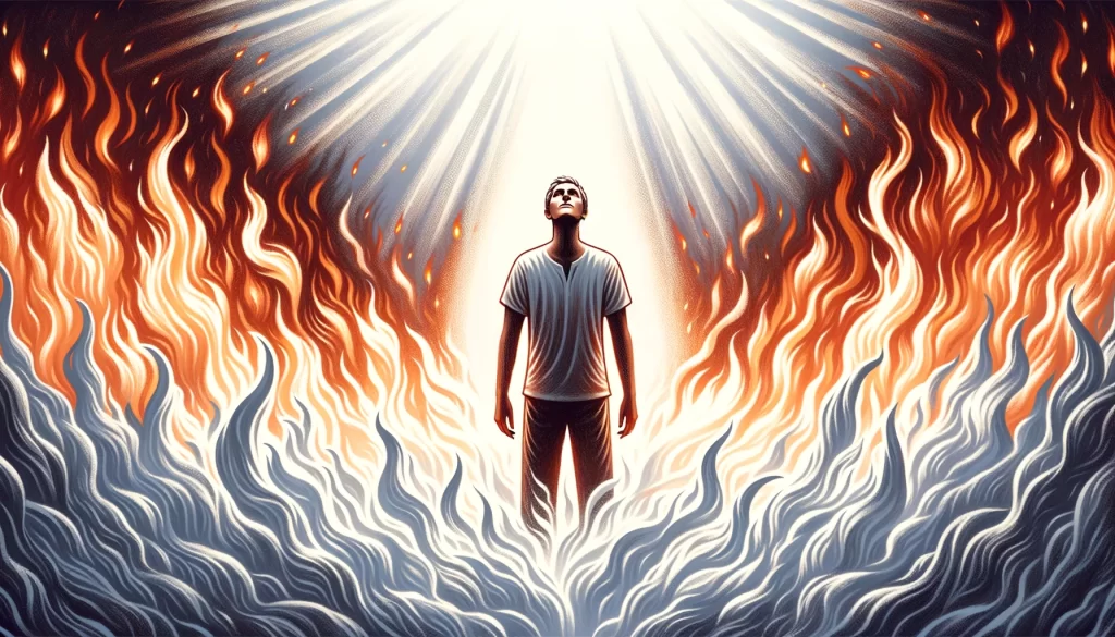 A person standing amidst flames, yet calm and unburnt.