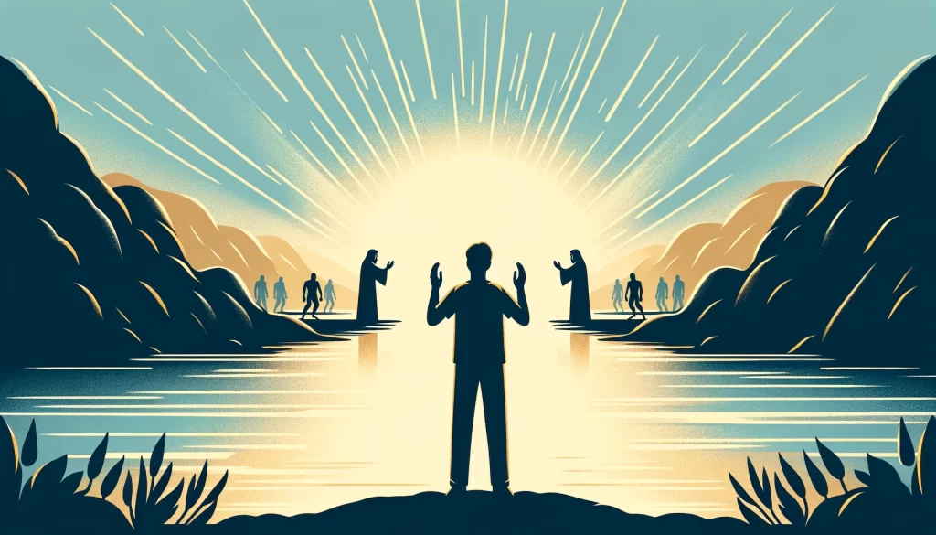 A person standing at the edge of a peaceful river, with hands raised in prayer.