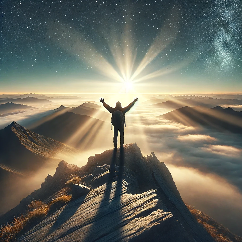 A person standing on a mountaintop with arms raised.