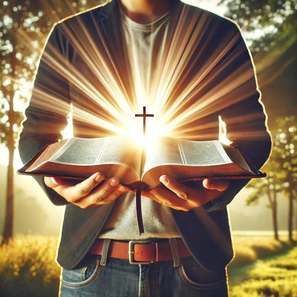 A person standing with an open Bible, with rays of light emanating from the pages.
