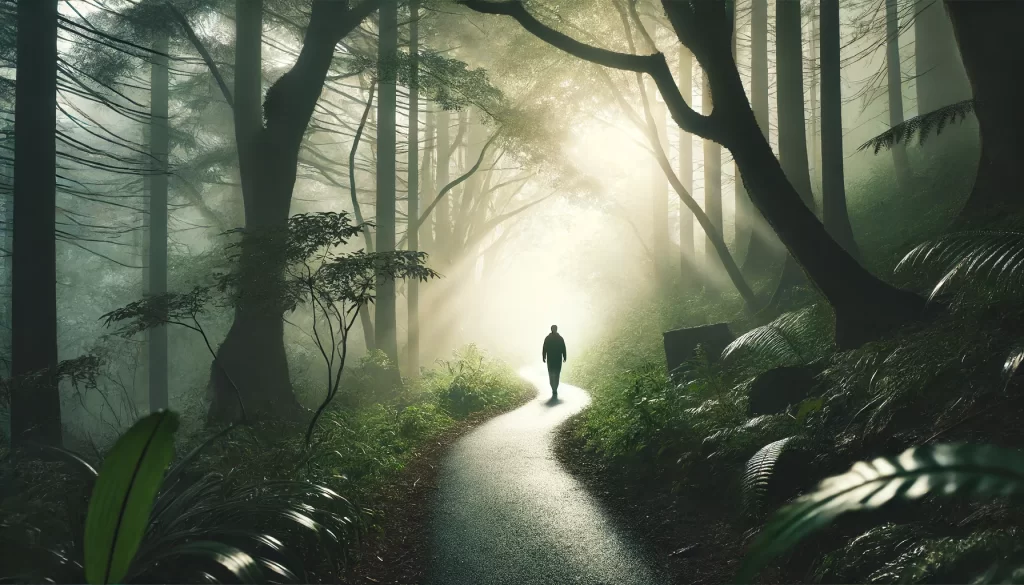A person walking on a winding path through a dense forest in the early morning mist.