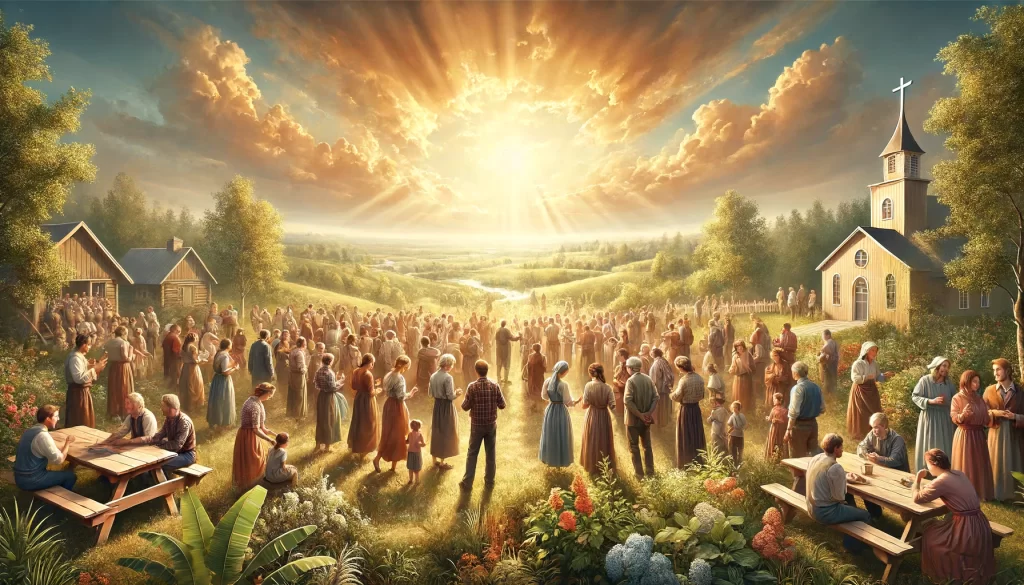 A scene depicting a community gathered together with a sense of purpose and order.