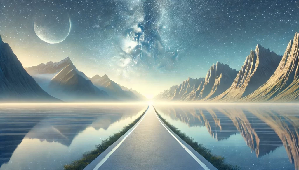A serene landscape with a majestic mountain range under a starry sky.