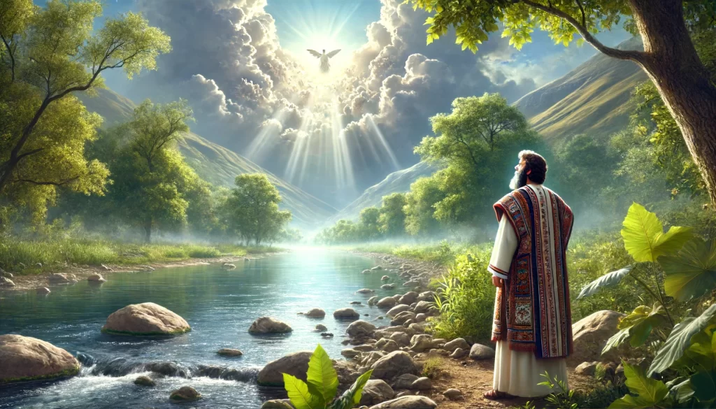 A serene riverside scene at the Chebar River, with an ancient prophet Ezekiel in traditional robes looking up to an angel.