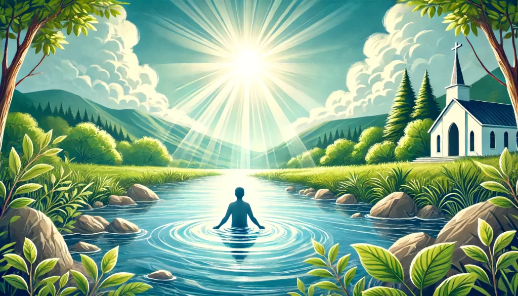 A serene riverside scene with clear water, where a person is being baptized.