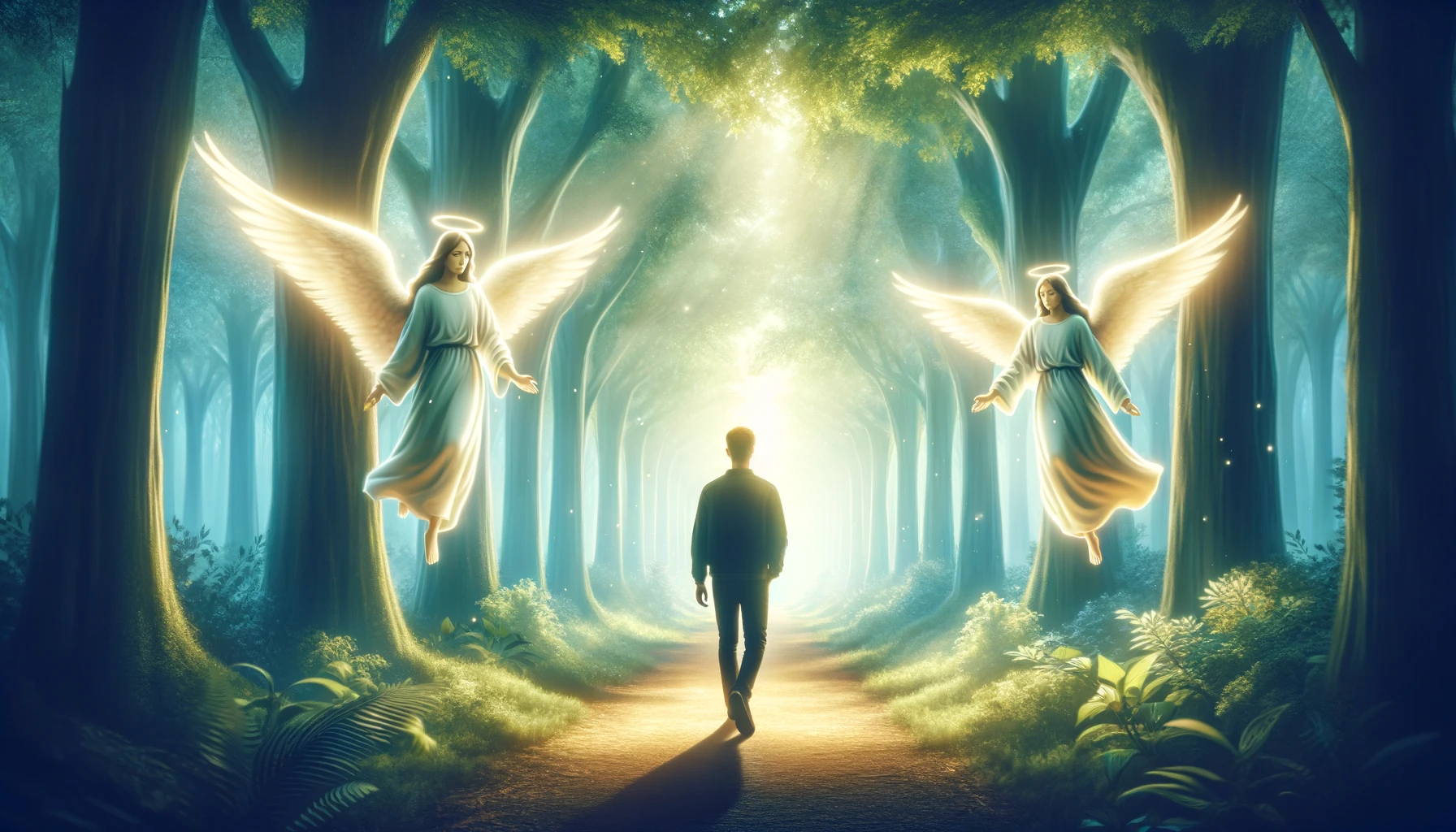 A serene scene of angels watching over a person walking on a path through a lush, peaceful forest.