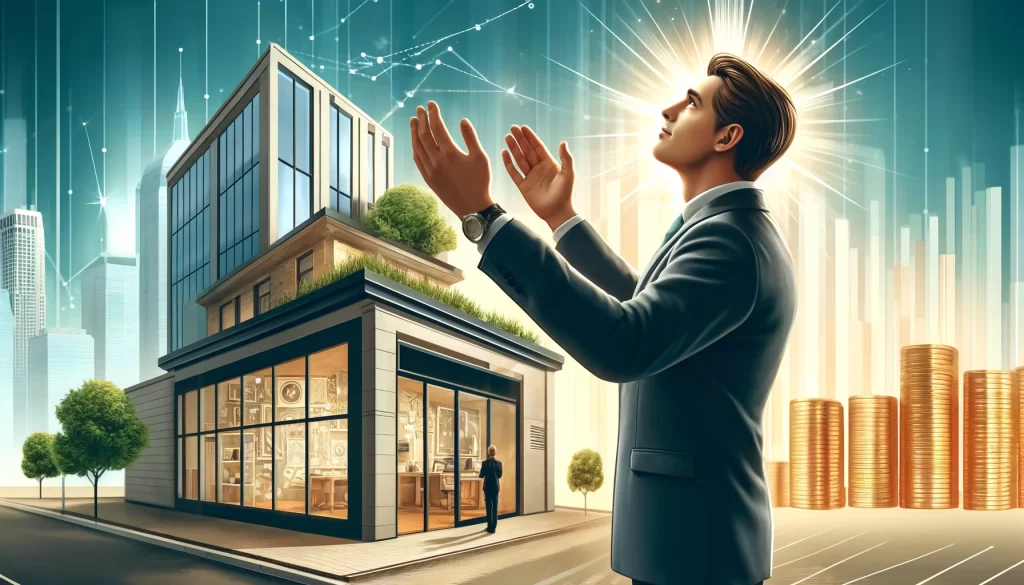 A successful businessperson standing in front of their thriving business, acknowledging God as the source of their wealth.