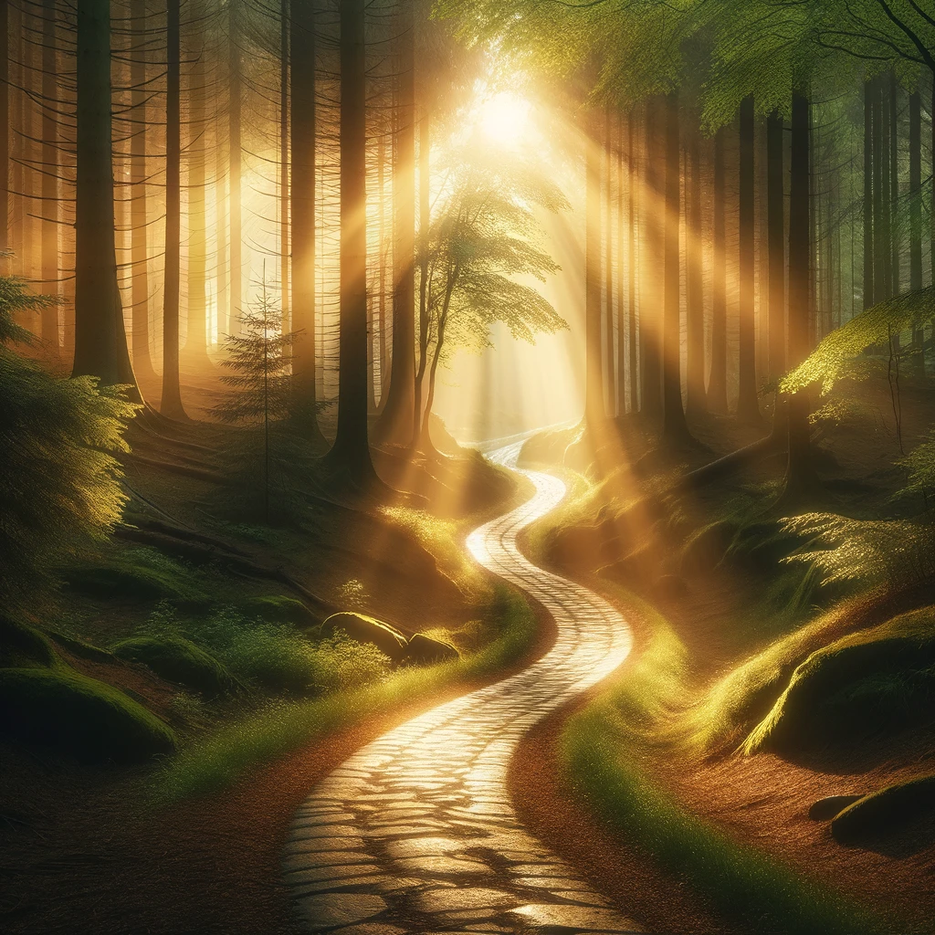 A winding path through a forest, illuminated by the first light of dawn breaking through the trees.