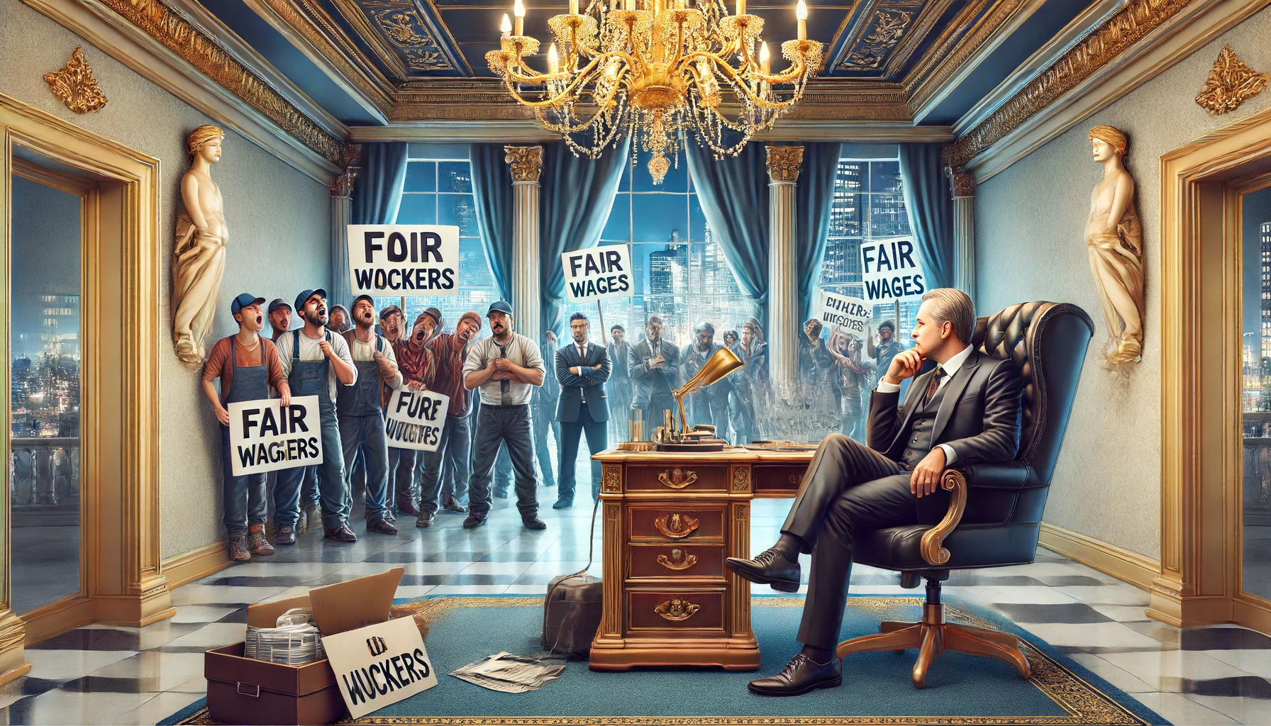 An unethical business owner in a luxurious office, ignoring a group of protestors.