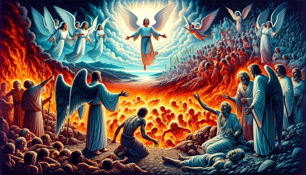 Angels are depicted separating the righteous from the wicked.