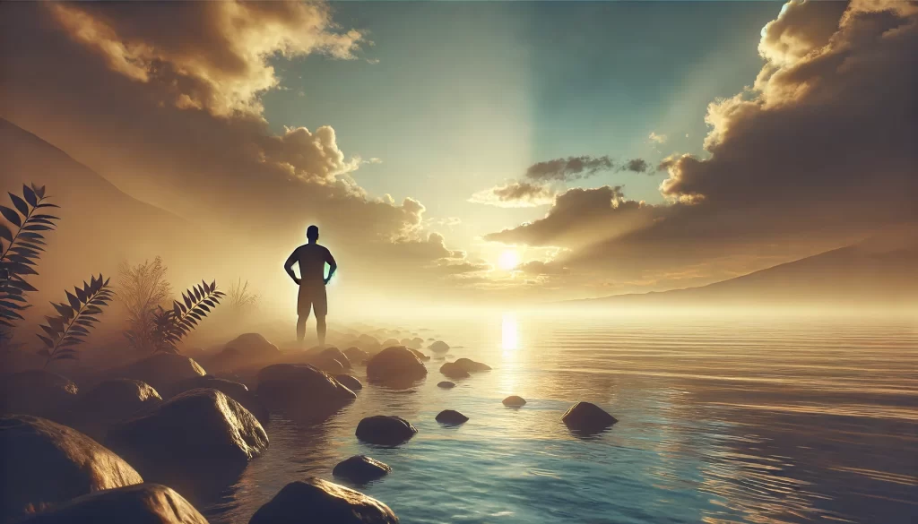 A person standing on a rocky shore at sunrise, looking out over the calm sea.