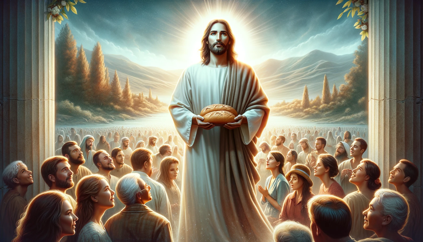 Jesus standing in a serene landscape, with a crowd of people around Him.