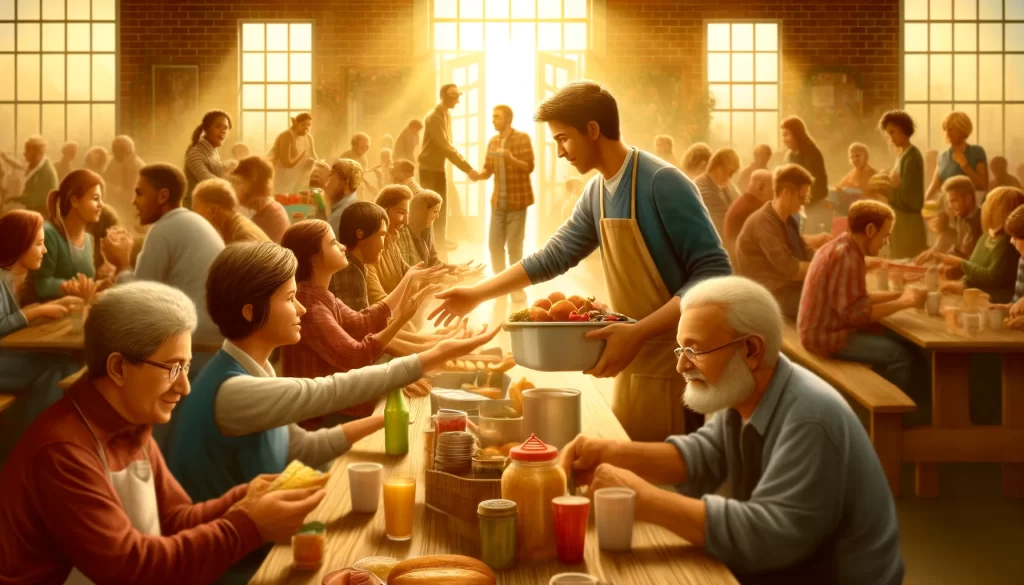 People volunteering at a community center, sharing food, and helping others.